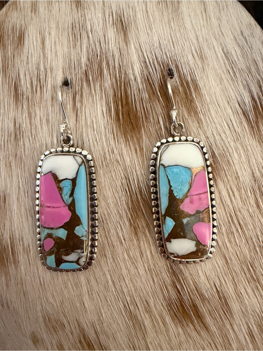 ❤️ Cotton Candy Turquoise Navajo Style Sterling Statement Dangle Earrings 1.77”L - Picture 3 of 12